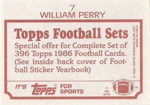 1986 Topps Stickers #7 William Perry Back