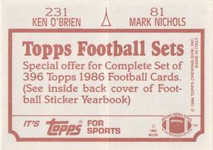 1986 Topps Stickers #81 / 231 Mark Nichols / Ken O'Brien Back