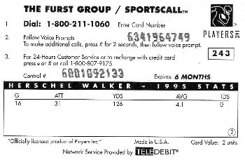 1996 Sportscall Phone Cards #243 Herschel Walker Back
