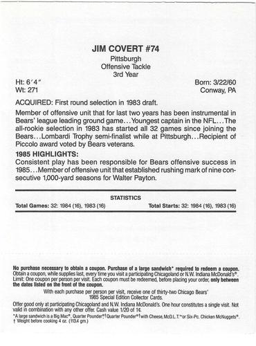 1985 McDonald's Chicago Bears #NNO Jim Covert Back