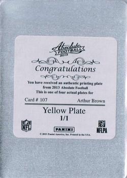 2013 Panini Absolute - Printing Plates Yellow #107 Arthur Brown Back