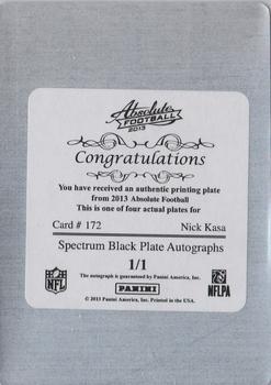 2013 Panini Absolute - Spectrum Autographs Printing Plates Black #172 Nick Kasa Back