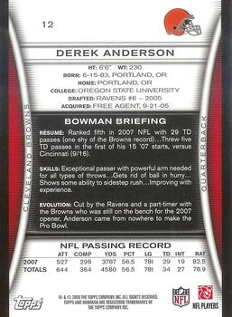 2008 Bowman #12 Derek Anderson Back