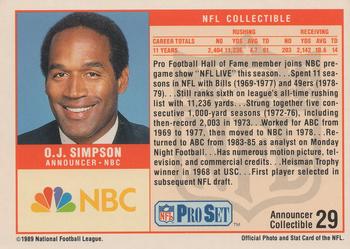 1989 Pro Set - Announcer Collectibles #29 O.J. Simpson Back