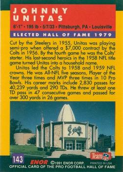 1991 Enor Pro Football HOF #143 Johnny Unitas Back