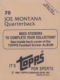1982 Topps Stickers #70 Joe Montana Back
