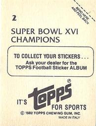 1982 Topps Stickers #2 Super Bowl XVI Champions Back