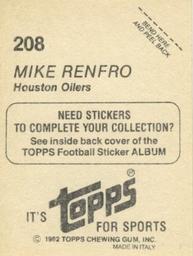 1982 Topps Stickers #208 Mike Renfro Back