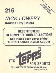 1982 Topps Stickers #216 Nick Lowery Back