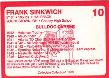 1989 Collegiate Collection Georgia Bulldogs (200) #10 Frank Sinkwich Back