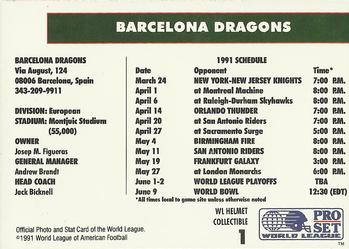 1991 Pro Set - WL Helmet Collectibles (WLAF Helmets) #1 Barcelona Dragons Back