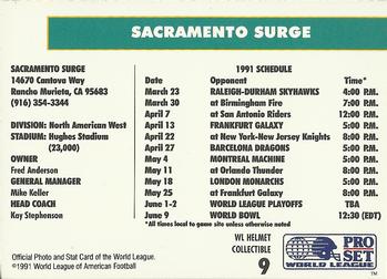 1991 Pro Set - WL Helmet Collectibles (WLAF Helmets) #9 Sacramento Surge Back