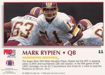 1992 Pro Set Power #11 Mark Rypien Back