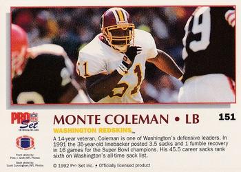 1992 Pro Set Power #151 Monte Coleman Back