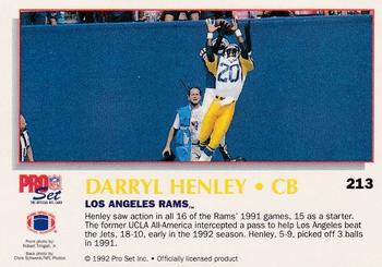 1992 Pro Set Power #213 Darryl Henley Back