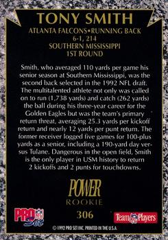 1992 Pro Set Power #306 Tony Smith Back