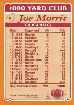 1986 Topps - 1000 Yard Club #4 Joe Morris  Back