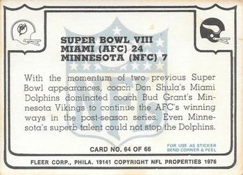 1976 Fleer Team Action #64 Super Bowl VIII Back