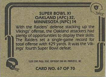 1980 Fleer Team Action #67 Super Bowl XI Back