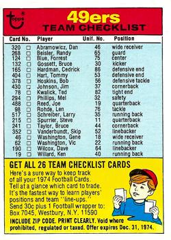 1974 Topps - Team Checklists #NNO San Francisco 49ers Front