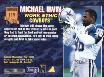 1995 Pinnacle Club Collection #119 Michael Irvin Back