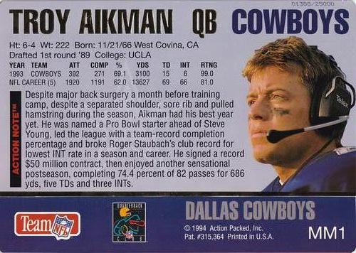 1994 Action Packed - Mammoth 7x10 #MM1 Troy Aikman Back