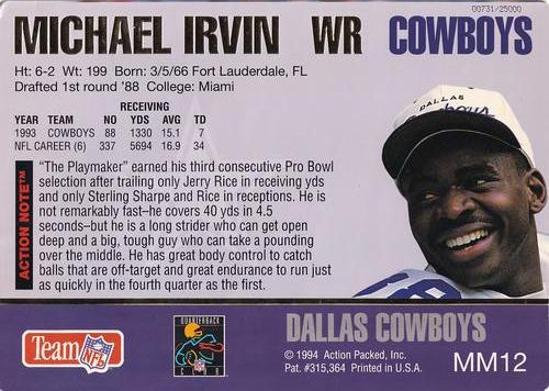 1994 Action Packed - Mammoth 7x10 #MM12 Michael Irvin Back