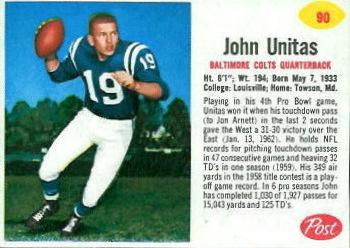 1962 Post Cereal #90 John Unitas Front