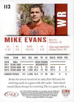 2014 SAGE HIT #113 Mike Evans Back