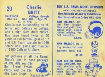 1960 Bell Brand Los Angeles Rams #20 Charlie Britt Back