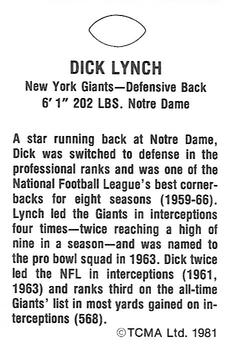 1981 TCMA Greats #NNO Dick Lynch Back
