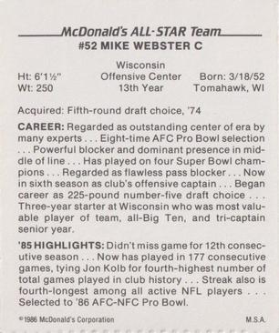 1986 McDonald's All-Star Team #NNO Mike Webster Back