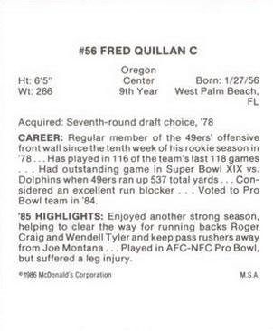 1986 McDonald's San Francisco 49ers #NNO Fred Quillan Back