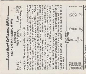 1986 McDonald's Chicago Bears #NNO Ken Margerum Back