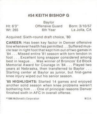 1986 McDonald's Denver Broncos #NNO Keith Bishop Back