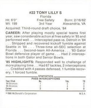 1986 McDonald's Denver Broncos #NNO Tony Lilly Back