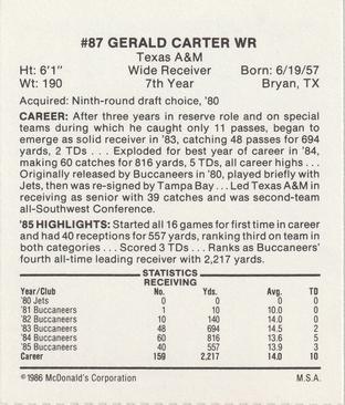 1986 McDonald's Tampa Bay Buccaneers #NNO Gerald Carter Back