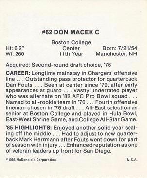 1986 McDonald's San Diego Chargers #NNO Don Macek Back