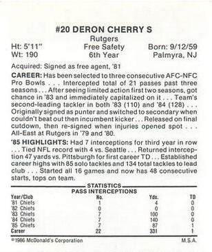 1986 McDonald's Kansas City Chiefs #NNO Deron Cherry Back
