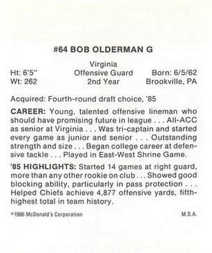 1986 McDonald's Kansas City Chiefs #NNO Bob Olderman Back