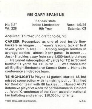 1986 McDonald's Kansas City Chiefs #NNO Gary Spani Back