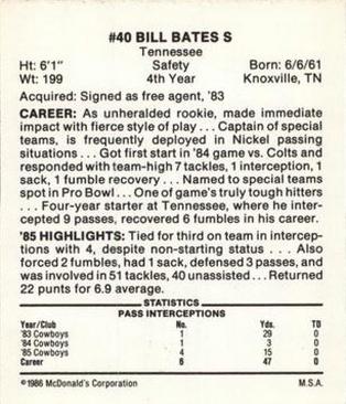 1986 McDonald's Dallas Cowboys #NNO Bill Bates Back