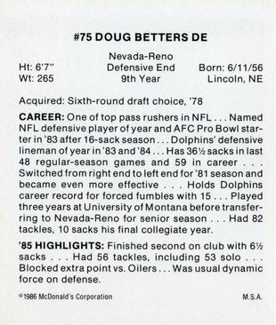 1986 McDonald's Miami Dolphins #NNO Doug Betters Back