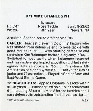 1986 McDonald's Miami Dolphins #NNO Mike Charles Back
