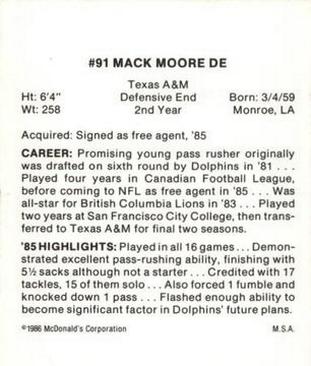 1986 McDonald's Miami Dolphins #NNO Mack Moore Back