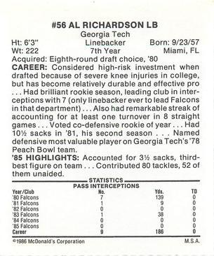1986 McDonald's Atlanta Falcons #NNO Al Richardson Back
