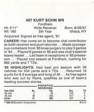 1986 McDonald's New York Jets #NNO Kurt Sohn Back
