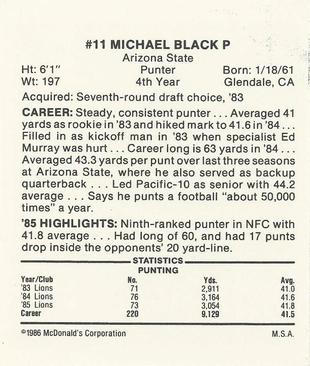 1986 McDonald's Detroit Lions #NNO Mike Black Back