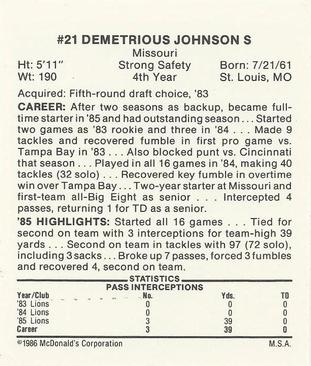 1986 McDonald's Detroit Lions #NNO Demetrious Johnson Back