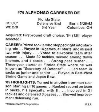 1986 McDonald's Green Bay Packers #NNO Alphonso Carreker Back